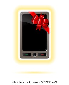 Smartphone As A Gift with a red bow, yellow glow.