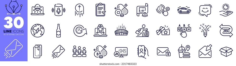 Smartphone glass, Correct checkbox and Open mail line icons pack. Chlorine mineral, Fast food, Secure mail web icon. Equality, Engineering plan, Open box pictogram. Folate vitamin. Vector