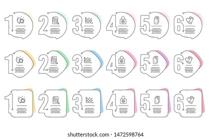 Smartphone glass, Dot plot and Balloon dart line icons set. Infographic timeline. Heart, Analytics chart and Password encryption signs. Phone protect, Presentation graph, Attraction park. Vector