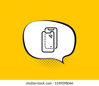 Smartphone glass line icon. Comic speech bubble. Phone protection sign. Mobile device symbol. Yellow background with chat bubble. Smartphone glass icon. Colorful banner. Vector