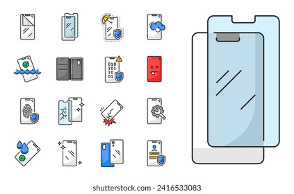 Smartphone glass protection and insurance icons, mobile phone screen repair service, vector line symbols. Smartphone glass protection form water and scratch, protective case for mobile phone