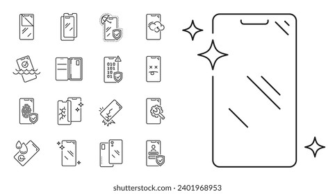 Smartphone glass protection, insurance and mobile phone screen repair service, vector line icons. Smartphone glass protection from water and scratch, protective case and mobile phone unlock pictograms