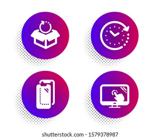 Smartphone glass, Return package and Time change icons simple set. Halftone dots button. Touch screen sign. Phone protect, Exchange goods, Clock. Web support. Technology set. Vector