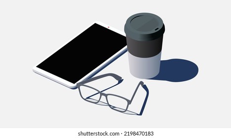 Smartphone glasses and coffee cup. Isometric vector illustration. The concept of rest and relaxation.