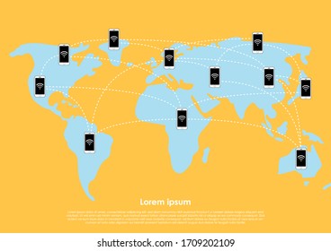 Smartphone con línea de red global y mapa mundial sobre fondo amarillo. Conexión a Internet, comunicación en línea, concepto de negocios y tecnología. Ilustración vectorial de estilo plano.