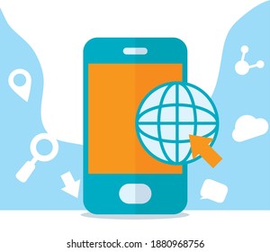 smartphone with global sphere over blue and white background, colorful design, vector illustration