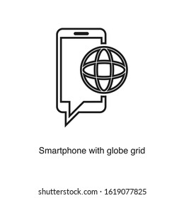 Smartphone with globe grid icon vector on white background. Black icon illustration