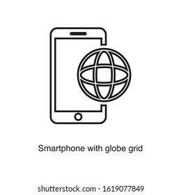 Smartphone with globe grid icon vector on white background. Black icon illustration