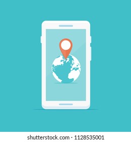 Smartphone with globe and location marker icon vector illustration in flat style