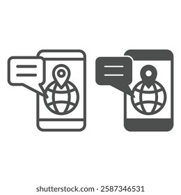Smartphone with globe and message line and solid icon, delivery concept. Vector graphics. Phone, world globe, location pin sign on white background, outline style icon for mobile or web design