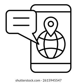 Smartphone with globe and message thin line icon, delivery concept. Vector graphics. Phone, world globe, location pin sign on white background, linear style for mobile or design