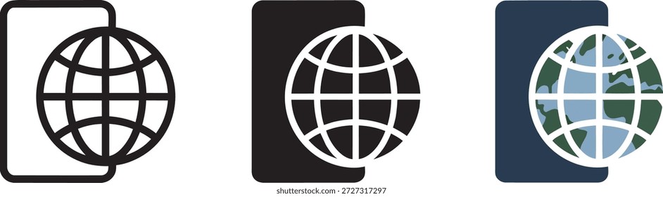Smartphone with globe world map represent international communication. Digital global networking technology. Worldwide mobile roaming and travel application symbols.