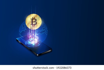 smartphone with glowing bitcoins for virtual money or cryptocurrency concept.