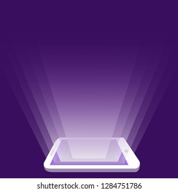 Smartphone with glowing screen on dark blue background. To log on to the Internet, the concept.