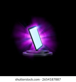 Smartphone com uma tela brilhante em um pódio, rodeado por efeitos de luz roxa. Ilustração vetorial moderna com elementos digitais e luminosos.