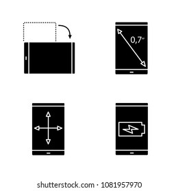 Smartphone glyph icons set. Display inch size, screen rotation and resize, battery charging. Silhouette symbols. Vector isolated illustration