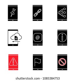 Smartphone glyph icons set. File attach, link, content sharing, cloud storage, e-mail, info, error, GPS navigation, no signal. Silhouette symbols. Vector isolated illustration