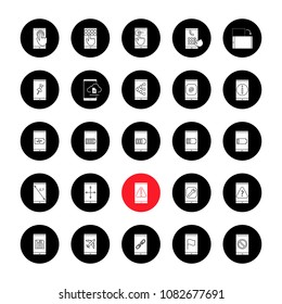 Smartphone glyph icons set. Internet connection, data transfer, apps, communication. Vector white silhouettes illustrations in black circles