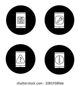 Smartphone glyph icons set. Save button, settings, mobile phone FAQ, error. Vector white silhouettes illustrations in black circles