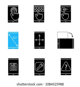 Smartphone glyph icons set. Touchscreen, keypad, drag gesture, display rotation, inch size, screen resize, save button, settings, FAQ. Silhouette symbols. Vector isolated illustration