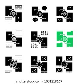 Smartphone glyph icons set. Wifi, chatting, e-mail, settings, file manager, link sharing, no signal, synchronization error. Silhouette symbols. Vector isolated illustration