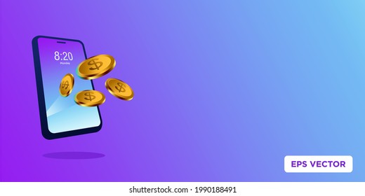 smartphone and gold coin 3d flat modern vector illustration. Concept of working online earning money from internet