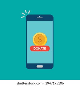 Smartphone with gold coin and button on screen. Donate online concept. Vector illustration