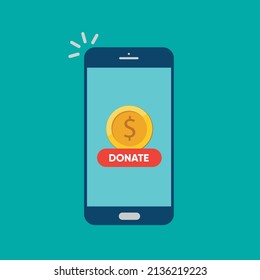 Smartphone with gold coin and button on screen. Donate online concept. 