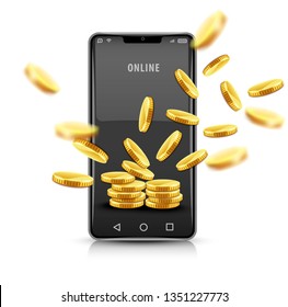 Smartphone with gold coins. Concept for modern mobile It technology for business online in internet. Realistic, isolated white background. Eps10 vector illustration.