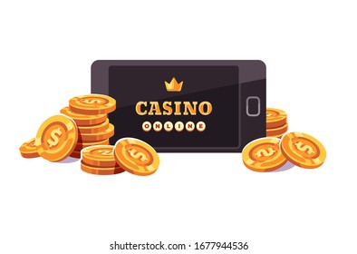 Smartphone with gold coins. Online casino app concept