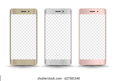 Smartphone Gold Silver Pink mockups transparent screen. Vector illustration.  Vector illustration for printing, advertising and web element, Game and application mockup.