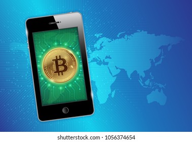 smartphone with golden bitcoins digital currency on screen and digital money and world map on printed circuit board technology network concept vector illustration