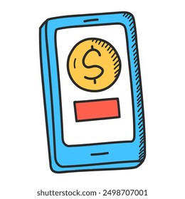 Smartphone with a golden coin on screen doodle icon vector isolated. Hand-drawn illustration of mobile banking. Concept of online investment, make transactions on the phone.