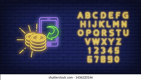 Smartphone and golden coins neon sign. Technology and mobile payment design. Night bright neon sign, colorful billboard, light banner. Vector illustration in neon style.