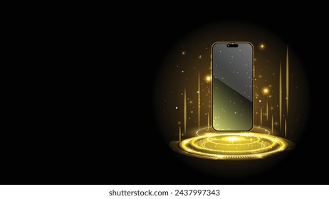 Smartphone mit goldenem und gelbem Neon-Hologramm-Portal. Abstrakte digitale Geräteschnittstellentechnologie. Magic Circle Teleport-Podium mit Handy. Vektor