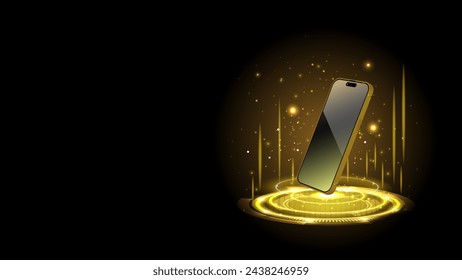 Smartphone with golden and yellow neon hologram portal. Abstract digital device interface technology. Magic circle teleport podium with mobile phone. Vector