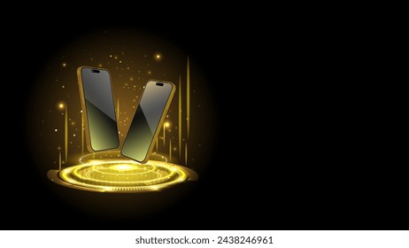 Smartphone with golden and yellow neon hologram portal. Abstract digital device interface technology. Magic circle teleport podium with mobile phone. Vector