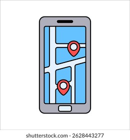 Smartphone GPS Flat design style, phone screen with map and red location pins, representing digital navigation, ideal for travel and tech visuals.