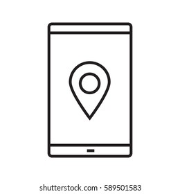 Smartphone gps location linear icon. Thin line illustration. Navigator. Smart phone with geolocation mark contour symbol. Map application. Vector isolated outline drawing