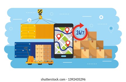 smartphone gps map with containers and boxes packages