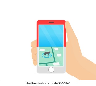 The smartphone with gps map in hand. isolated vector illustration