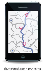 Smartphone with GPS map. The main road is in a human face shape.