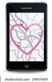 Smartphone with GPS map. The main road is in a heart shape.