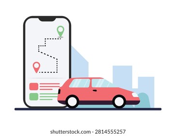 Smartphone GPS navigation app with route tracking, location pins, and car illustration, ideal for transportation, navigation, travel, delivery, and mobility concepts.