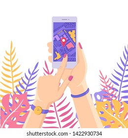 Smartphone with gps navigation app, tracking. Mobile phone with map application. Vector flat design