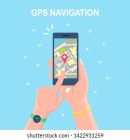 Smartphone with gps navigation app, tracking. Mobile phone with map application. Vector flat design