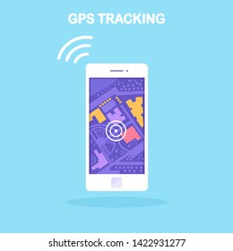 Smartphone with gps navigation app, tracking. Mobile phone with map application. Vector flat design