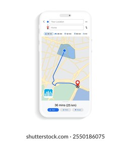 Smartphone GPS Navigation App UI e UX Design Concept: Mapas de Cidade, Localização de Rastreamento, Planejamento de Rota e Navegação. Vetor.