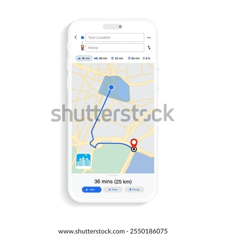 Smartphone GPS Navigation App UI and UX Design Concept: City Maps, Location Tracking, Route Planning and Navigation. Vector.