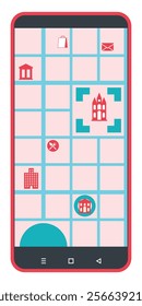 Smartphone with GPS navigation and city map on the screen. Mobile phone with map app. Vector object, symbol, icon